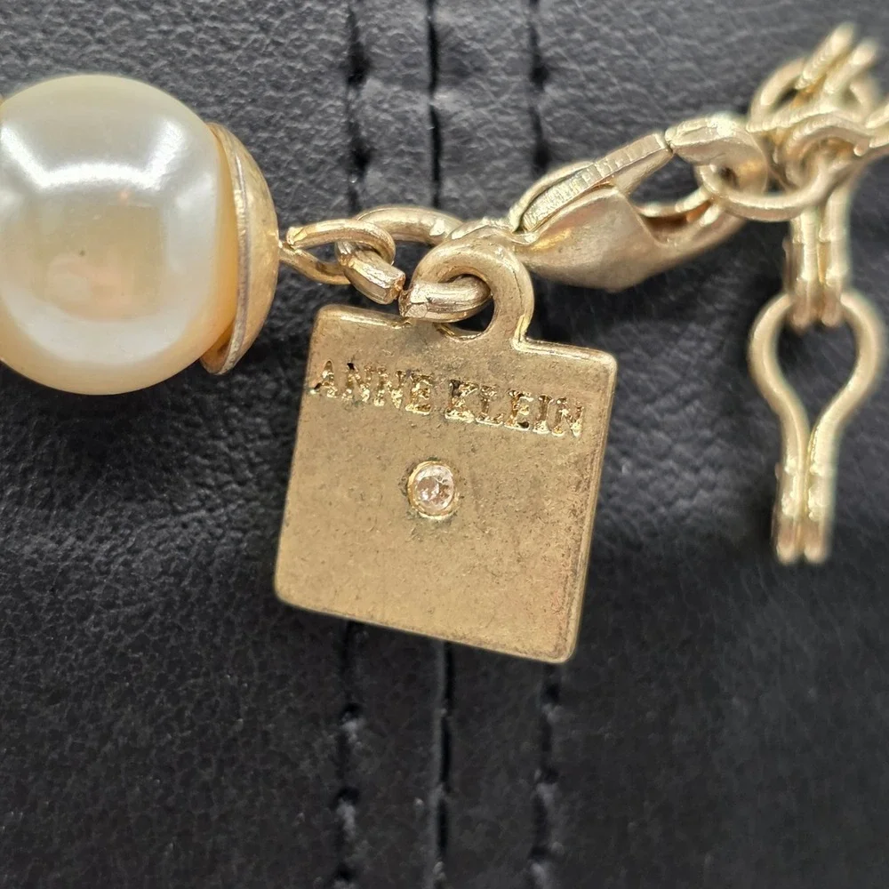 Anne Klein Gold Tone Faux Pearl Bead Cap Link Necklace with Lion Logo Charm